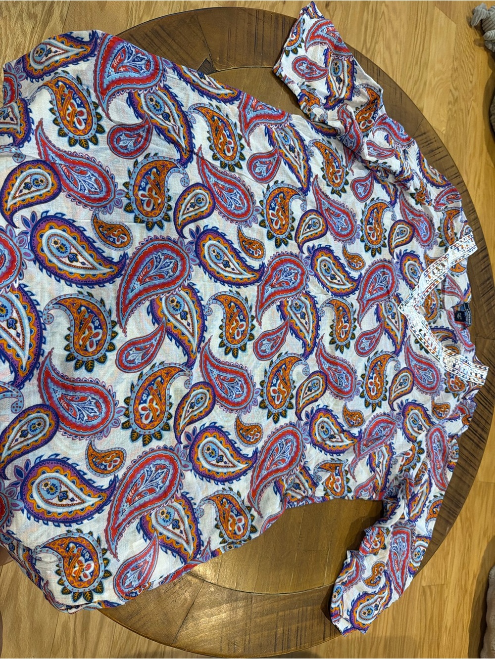Lands End Paisley Print V-Neck Tunic cover up Top in White, Orange & Blue